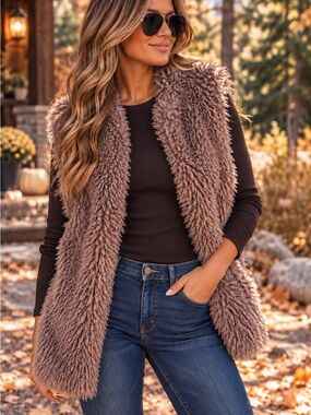 CHARLIE B- Ultra soft Faux Shearling Open Front Vest hook and eye closure